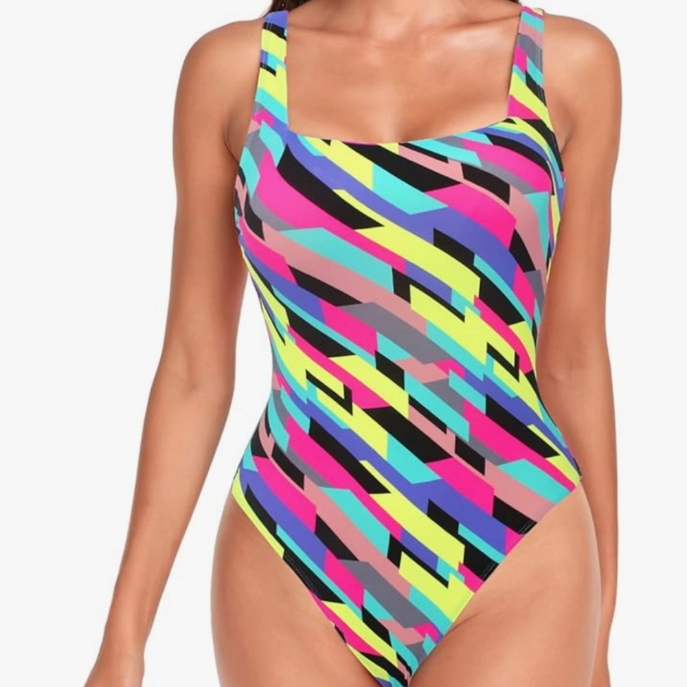 Relleciga One Piece Swimsuit Color Block Geometric Neon Stripe Bodysuit NWT - Picture 2 of 14